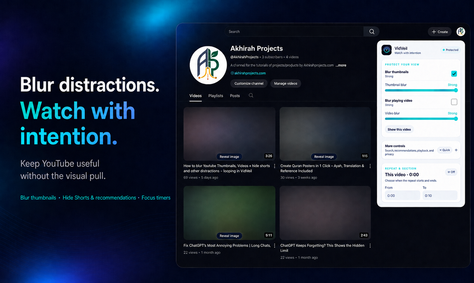 VidVeil channel view with thumbnails softened and the extension controls visible