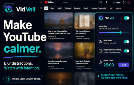 VidVeil promotional tile showing blur, hidden distractions, and focus timer controls